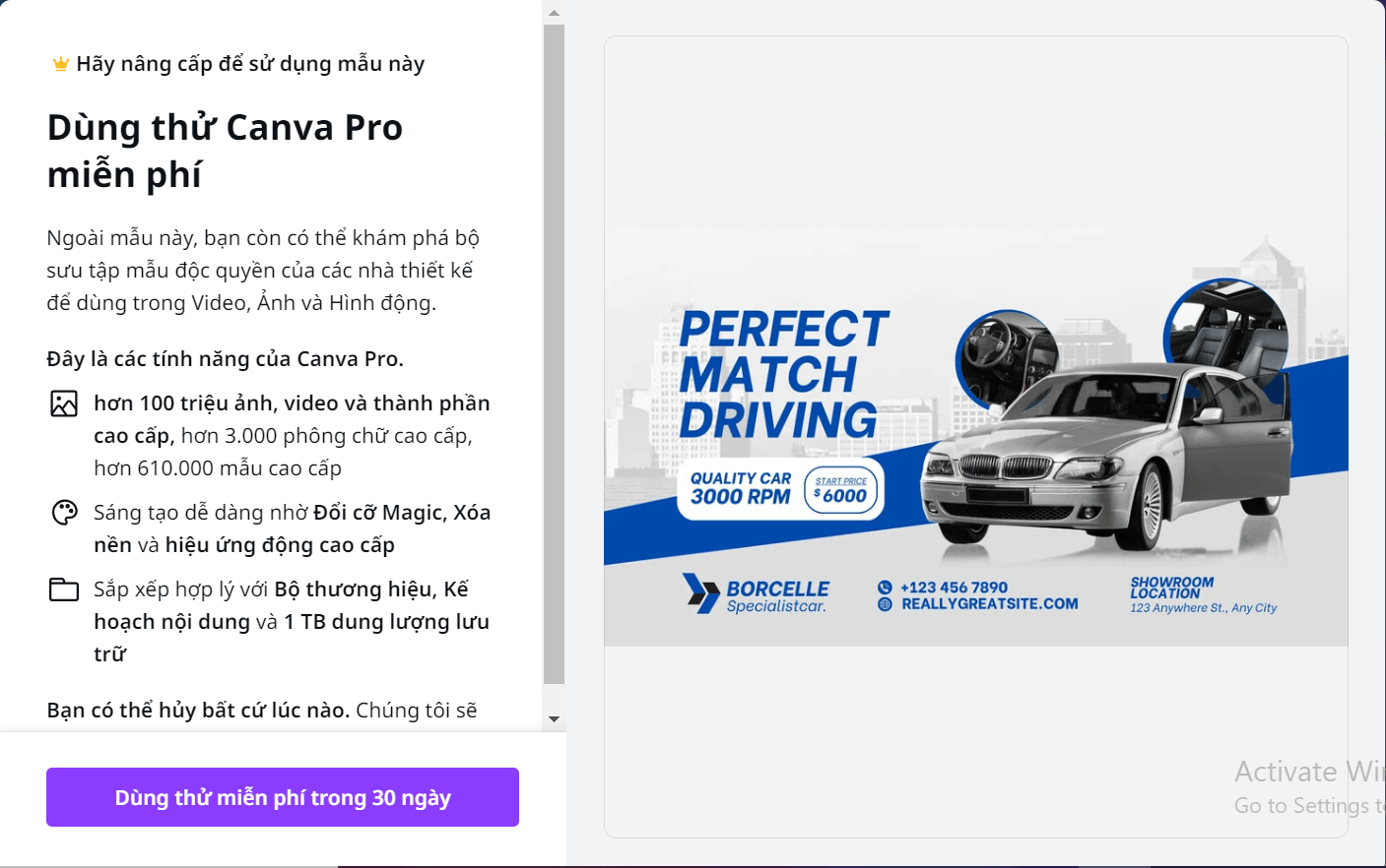 Canva bao phai nang cap tai khoan