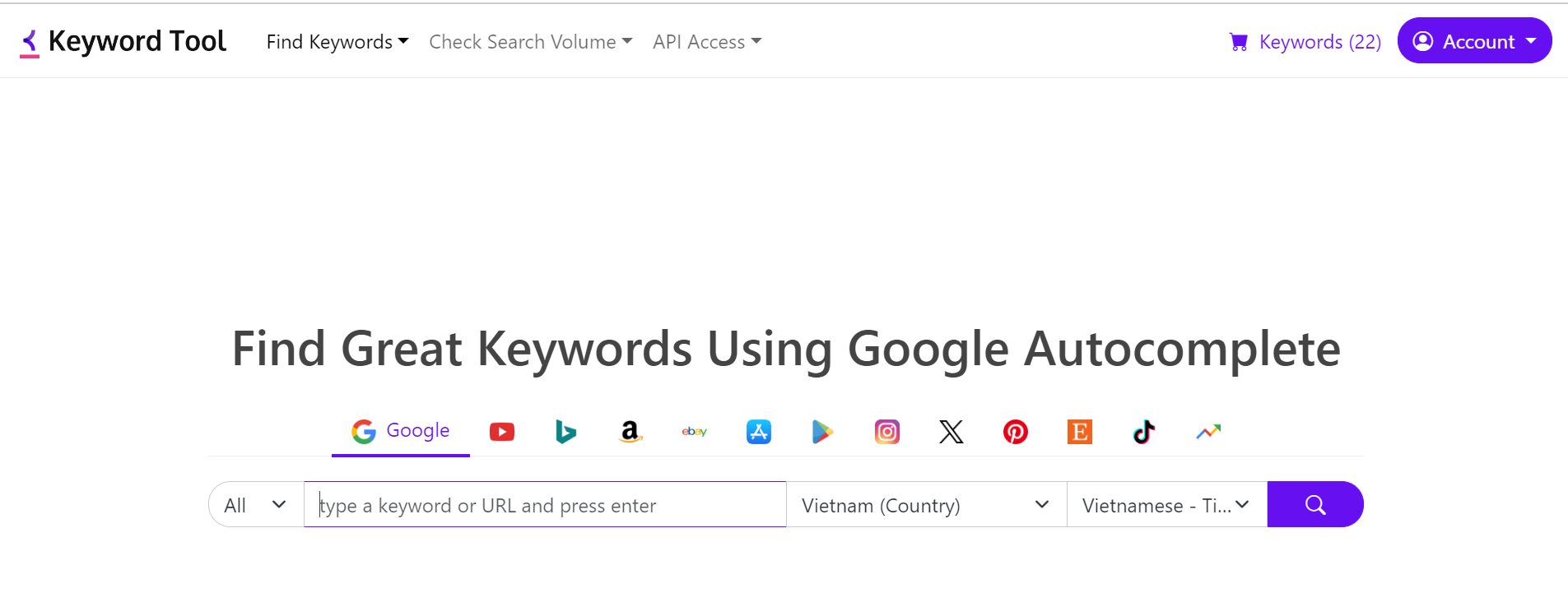 Tài Khoản Keywordtool cong cu keywrodtool