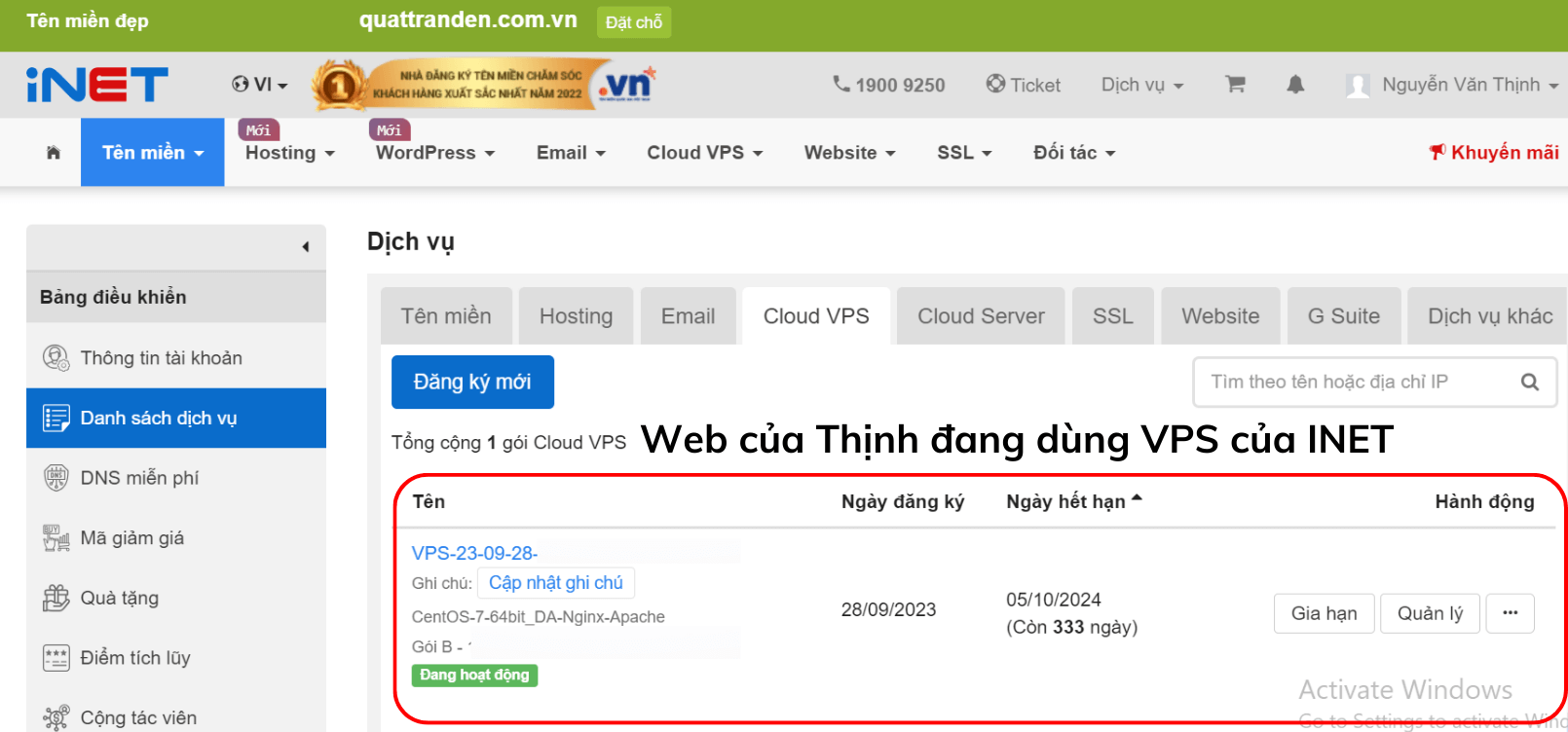 Web cua Thinh dang dung VPS cua INET 1