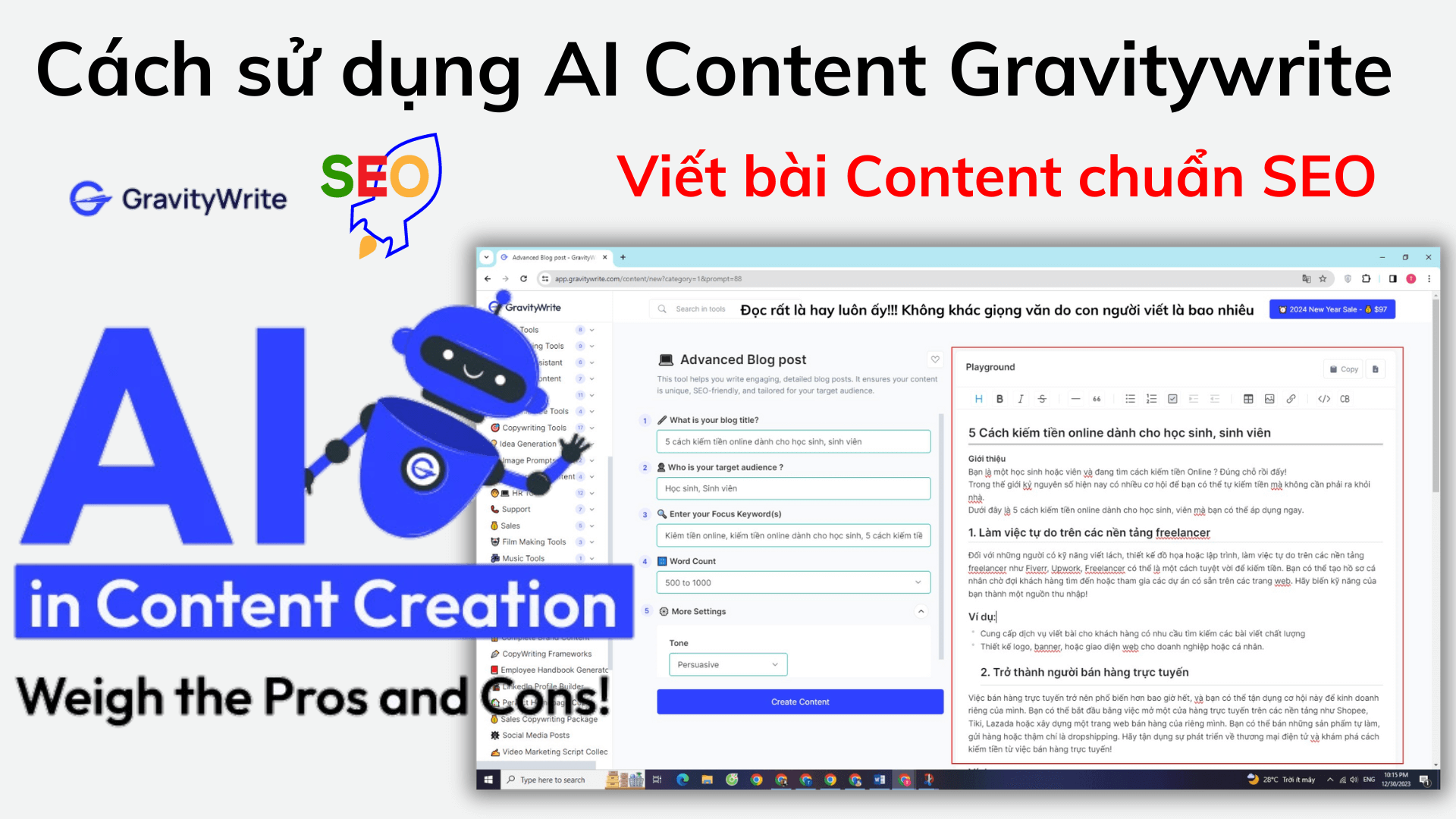 Cach su dung AI Content Gravitywrite viet bai Content chuan SEO kiem 1.000 USD thang