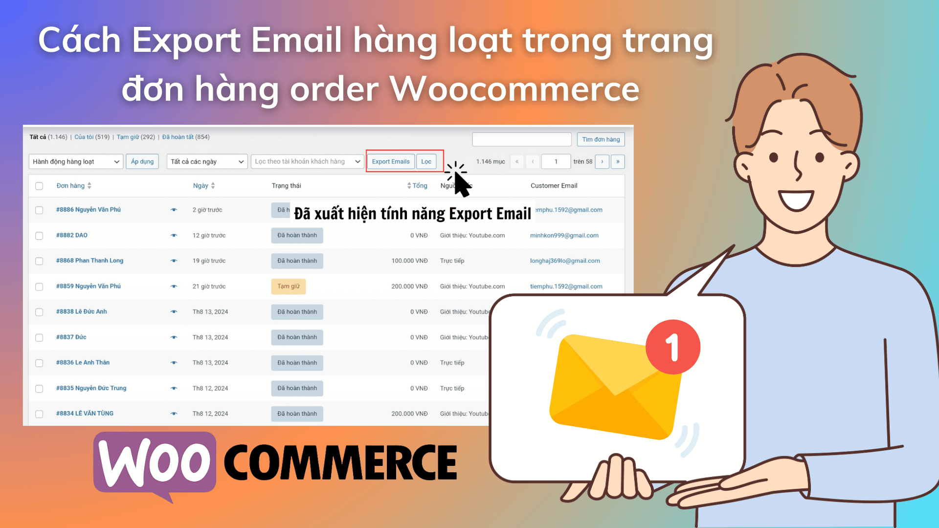 Cach Export Email hang loat trong trang don hang order Woocommerce 1